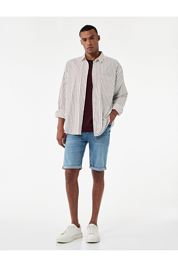 Folded Leg Pocket Detailed Cotton Slim Fit Jean Shorts