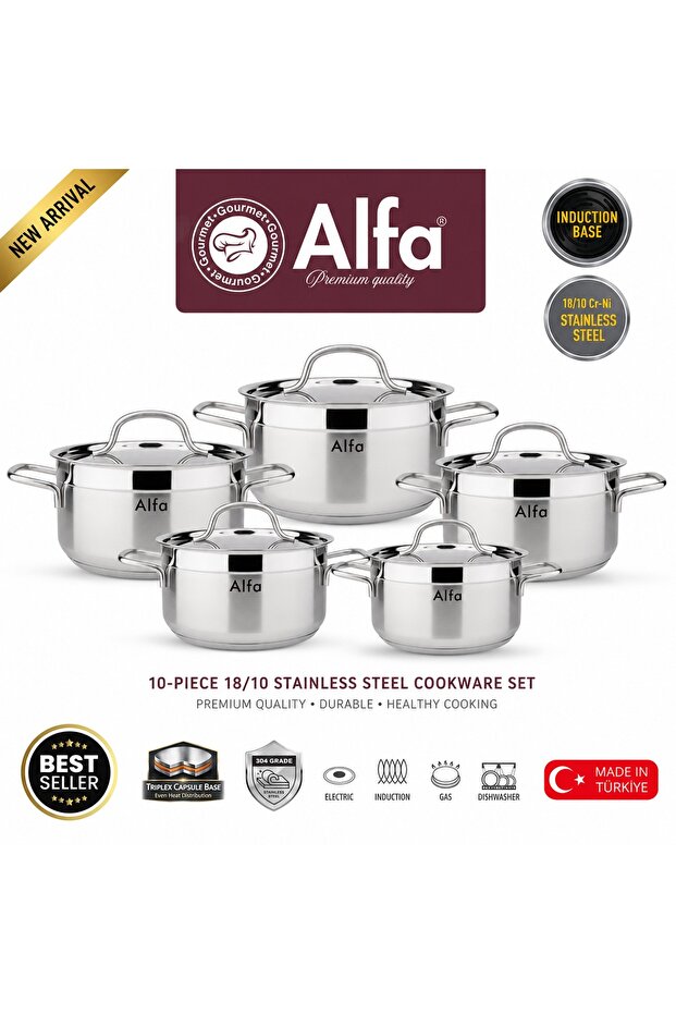 10-Piece Stainless Steel Cookware Set with Lids – Premium Durable Casserole Pots-Induction