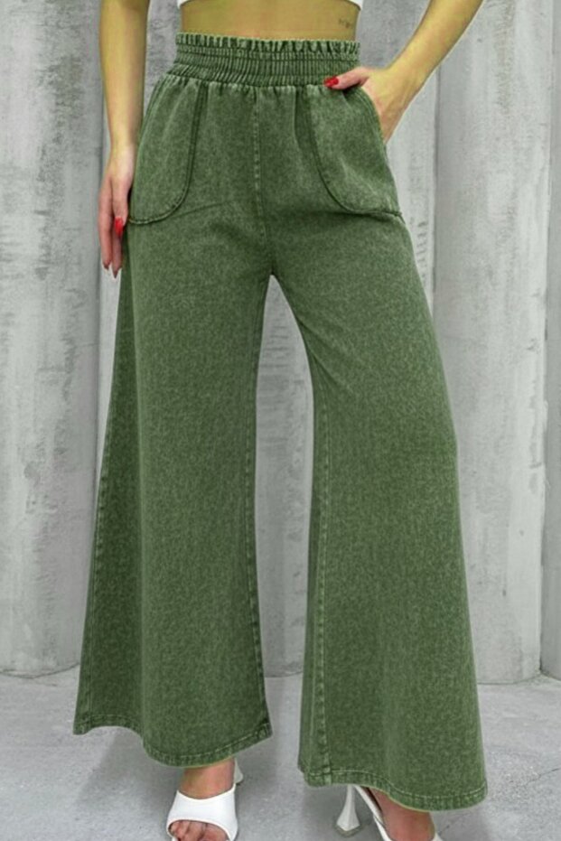 Women's Khaki Spanish Flared Trousers Snow Washed Cotton Gabardine Elastic Waist Comfortable Model