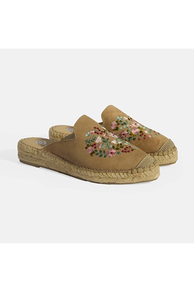 Limited Edition Beige Women's Floral Embroidered Suede Espadrille Slippers
