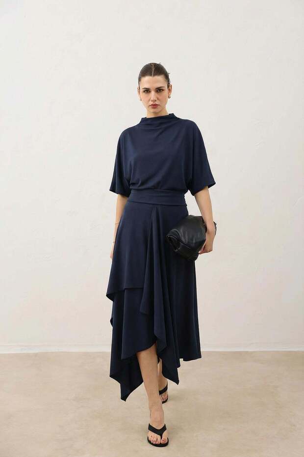 Navy Blue Voluminous Skirt Blouse Women's Set