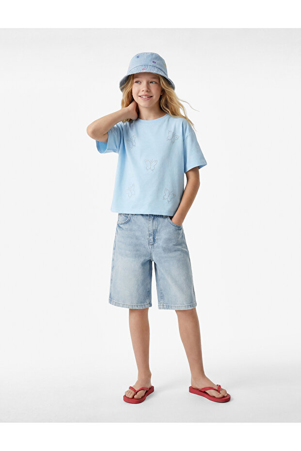 Butterfly Patterned Short Sleeve Crew Neck Cotton T-Shirt with Stone Detail