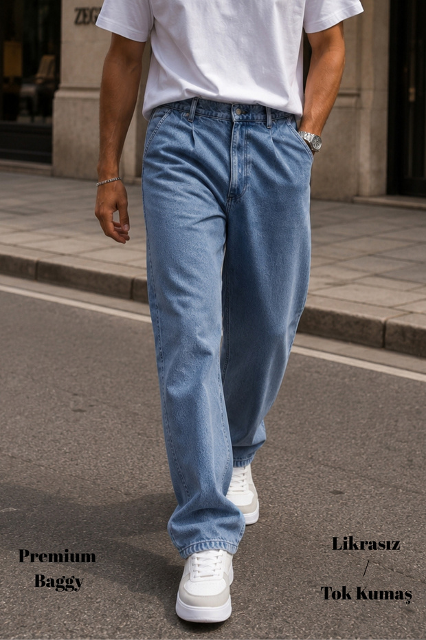 High Quality High Waist Loose Fit Pleated Jeans - C354-Light-Blue