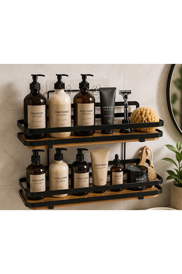 Premium double shelf for bathroom or kitchen, 5Five Simply Smart, installation without drilling, durable adhesive backing, metal and wood, black with wood look - 6