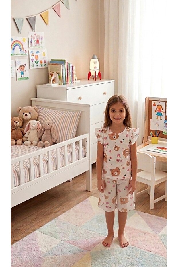 Girl's Cotton White Teddy Bear Patterned Short Sleeve Shorts Summer Pajama Set