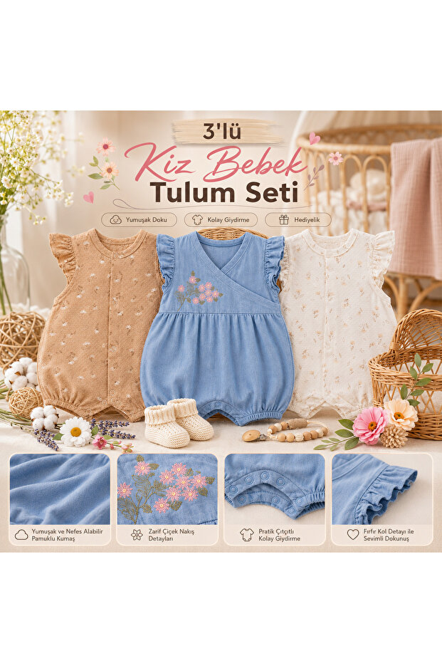 Baby 3-Piece Romper Set – Soft Cotton Texture (Sizes Are Monthly)