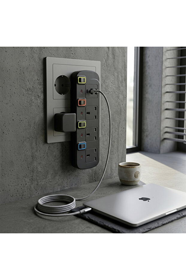 شريط طاقة ترادا ماكس متعدد 4 مخارج مع USB وType-C بقدرة 2000 واطأمان ذكي وتحكم منفصل لكل جهاز - TM16/محول TradaMax