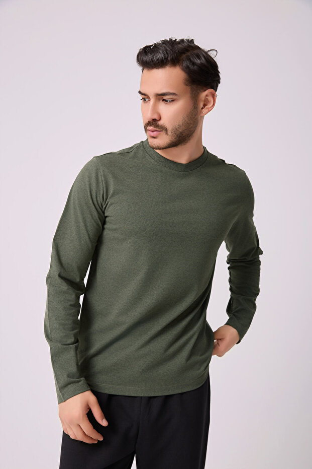 Men's Crew Neck Long Sleeve Regular Fit Basic T-Shirt Khaki