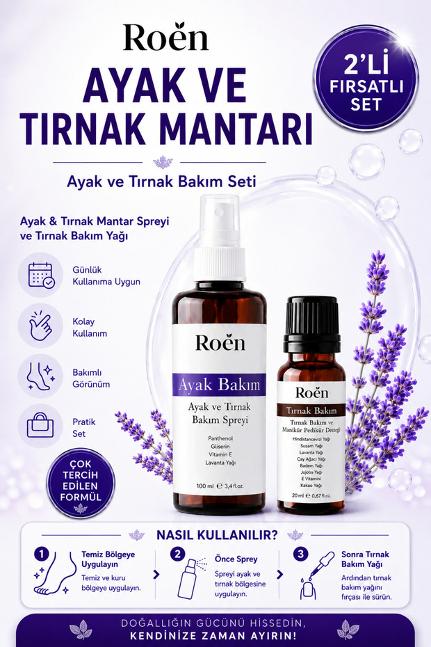 Roen Ayak Ve Tırnak Mantar Bakım Seti, Kasıntı, Koku, Mantar, Ayak ve Tırnak Bakım Spreyi ve Bakım Yağı