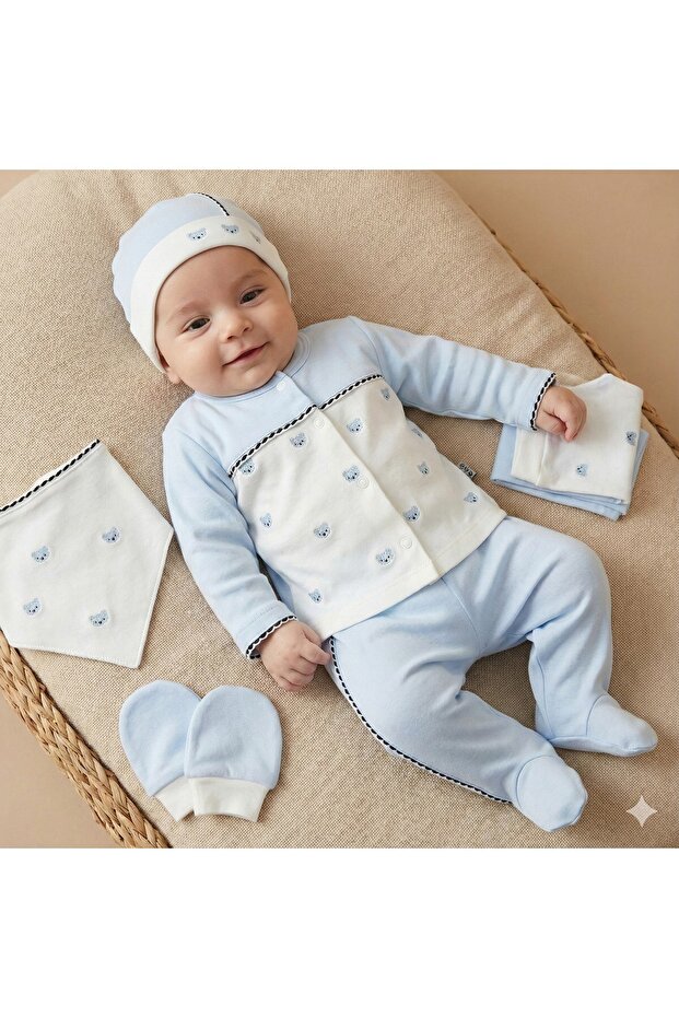 Baby Boy Teddy Bear Embroidered 100% Cotton 0-3 Months 5-Piece Newborn Hospital Release Zibin Set