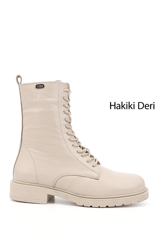 Women's Beige Zippered Genuine Leather Boots