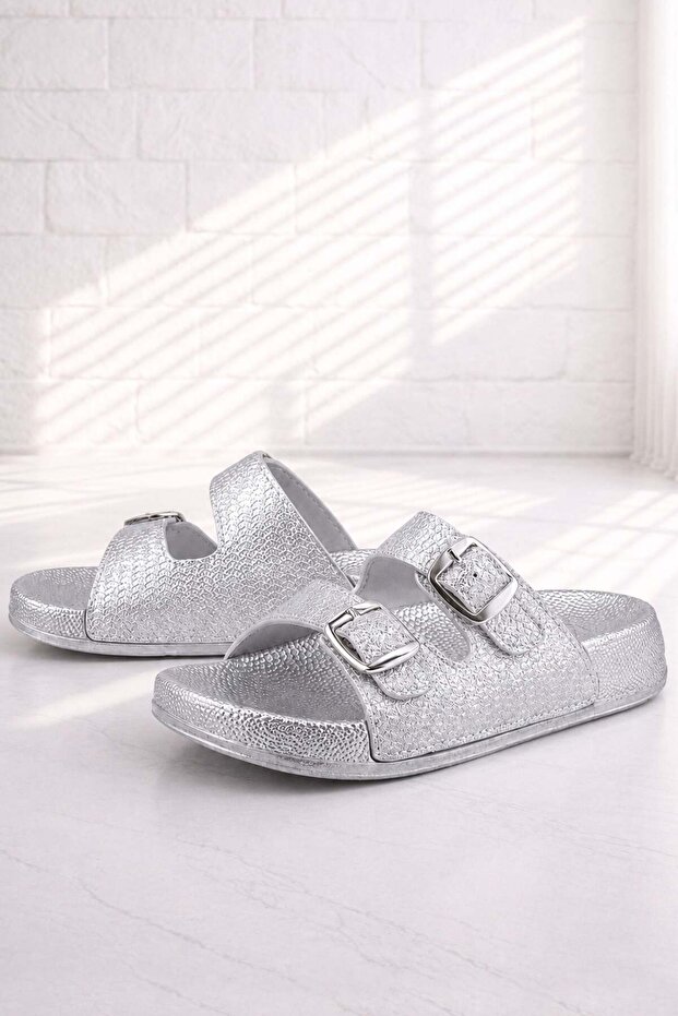 Pienn Silver Glitter Buckle Girls' Summer Slippers