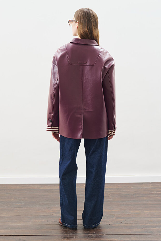 Classic Cut Leather Jacket Mürdüm - 7
