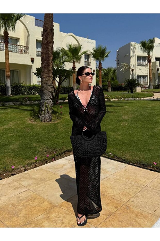 New Degaje Collar Pearl Detailed Openwork Maxi Dress