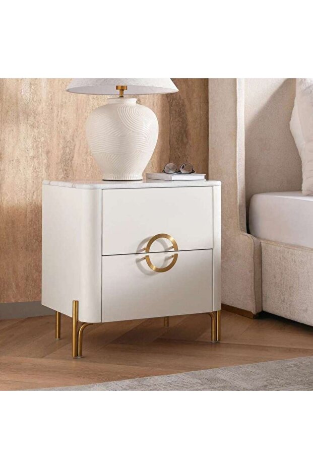 Ocrai Night Stand With 2 Drawer Marble - White & Gold