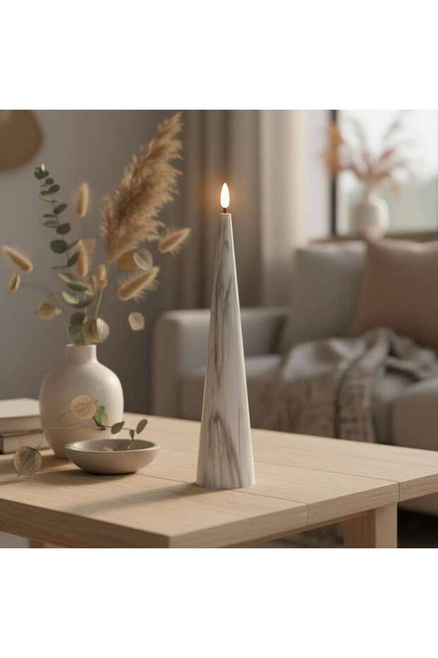 Marbella Led Marbled Conical Taper Candle Dia5.5x25cm - White