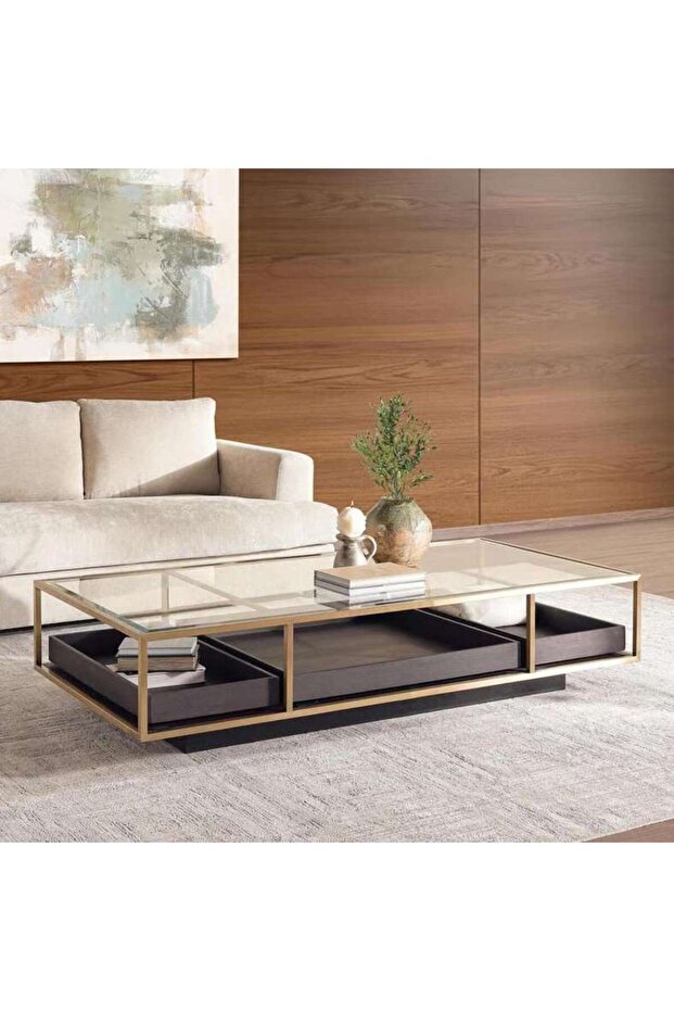 Zarol Coffee Table Tempered Glass - Gold & Brown