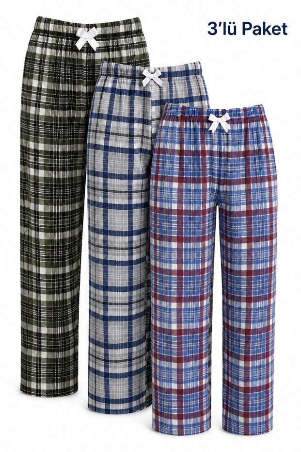 Women's Plaid Pajama Bottoms with Elastic Waist Ribbon Detail and Comfortable Cut