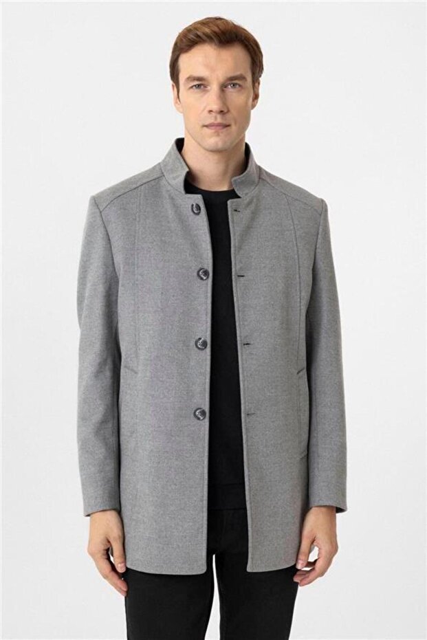 Anthracite Slim High Collar Plain Coat - 3