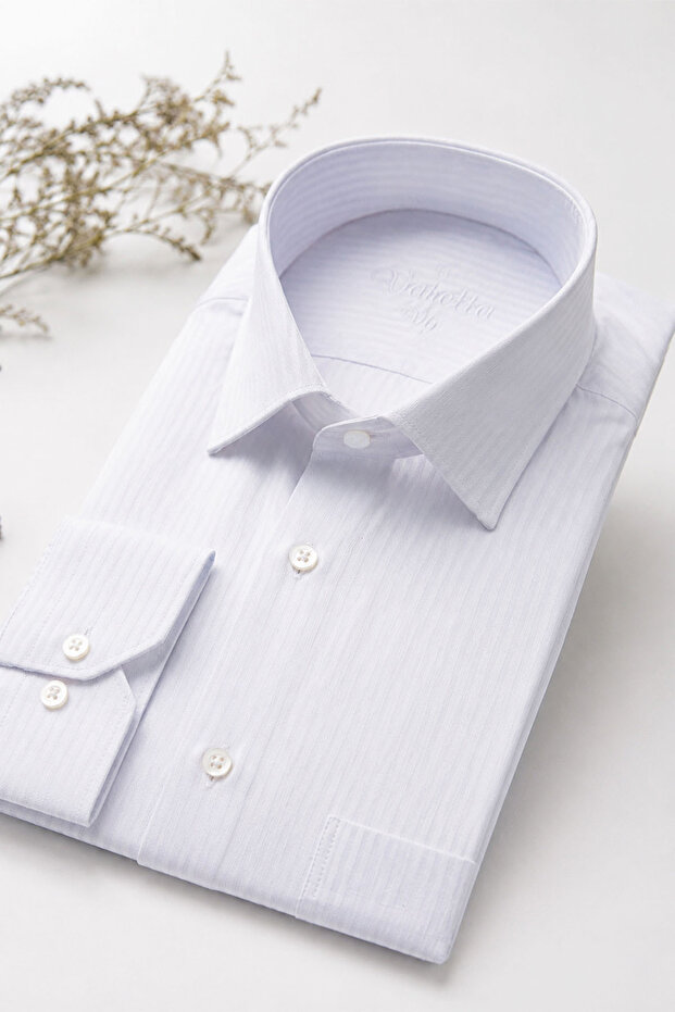 Men's Shirt White Long Sleeve Cotton Striped Pocket Casual Stylish Classic Model