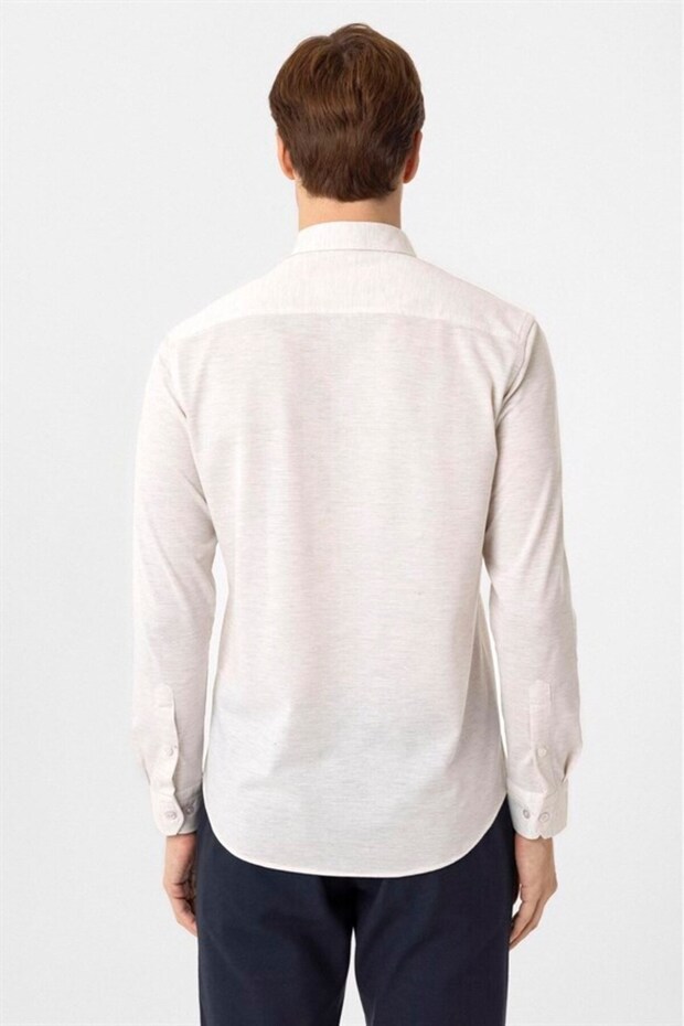 Ekru Slim Düğmeli Yaka Manşetli Casual Gömlek - 6
