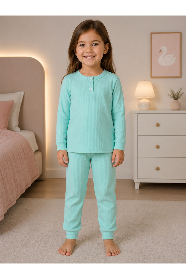 Girls' 100% Cotton Winter Water Green Collar Buttoned Long Sleeve Basic Pajamas Set