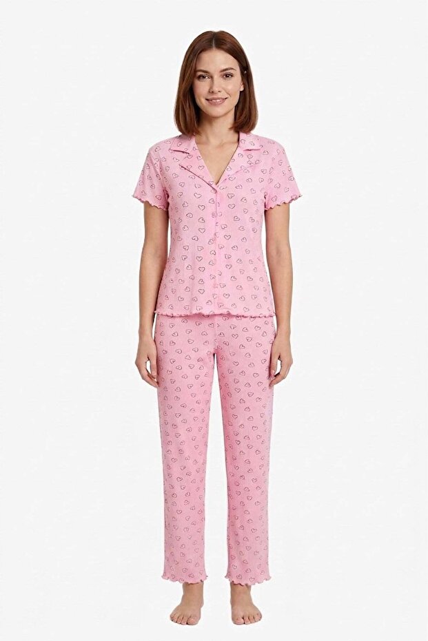 Powder Heart Patterned Pointel Shirt Collar Women's Pajama Set