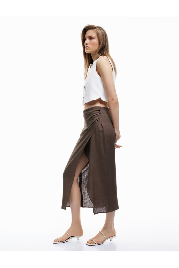 Drape Detailed Slit Asymmetrical Cut Midi Length Double Breasted Linen Skirt