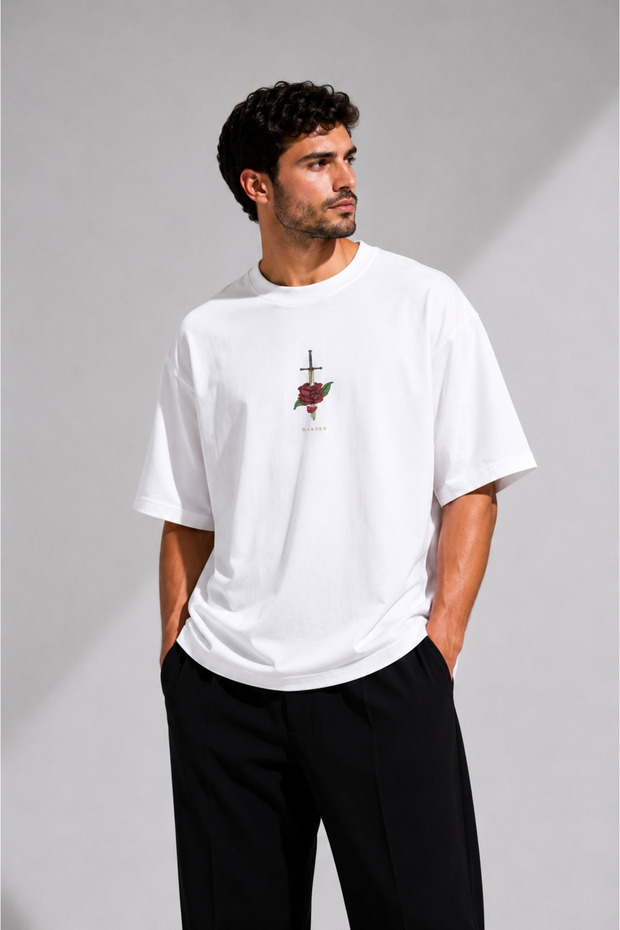 Men's Warden Printed Oversize 100% Cotton Wide Cut Soft Textured Crew Neck T-Shirt Rf0509