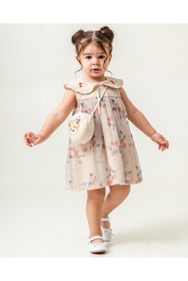 Girl's Cherry Embroidered Muslin Dress and Bag Set Summer Vacation Outfit