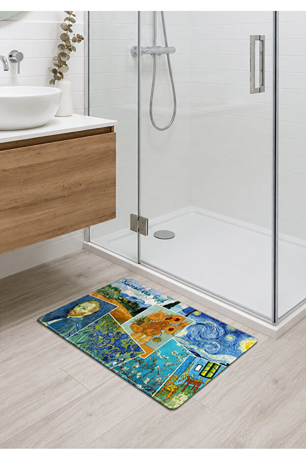 Van Gogh Themed Non-Slip Rubber Base with Stitched Edges Bathroom Balcony Kitchen Mat 40X70Cm
