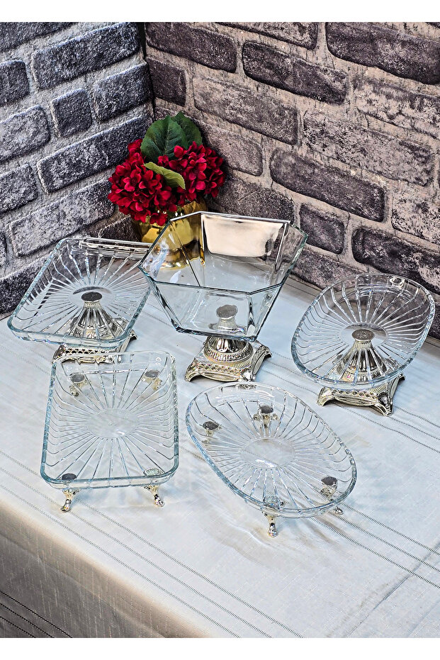 River Karem 5-Piece Cast Metal Footed (Silver&Gold&Antique) Table Presentation Plate Set