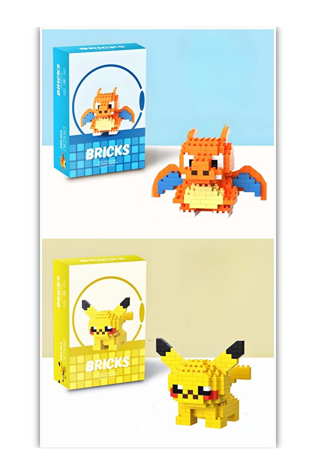 BRICKS Pikachu & Charizard 2’li Set | Pokemon Uyumlu Mini Yapı Blokları