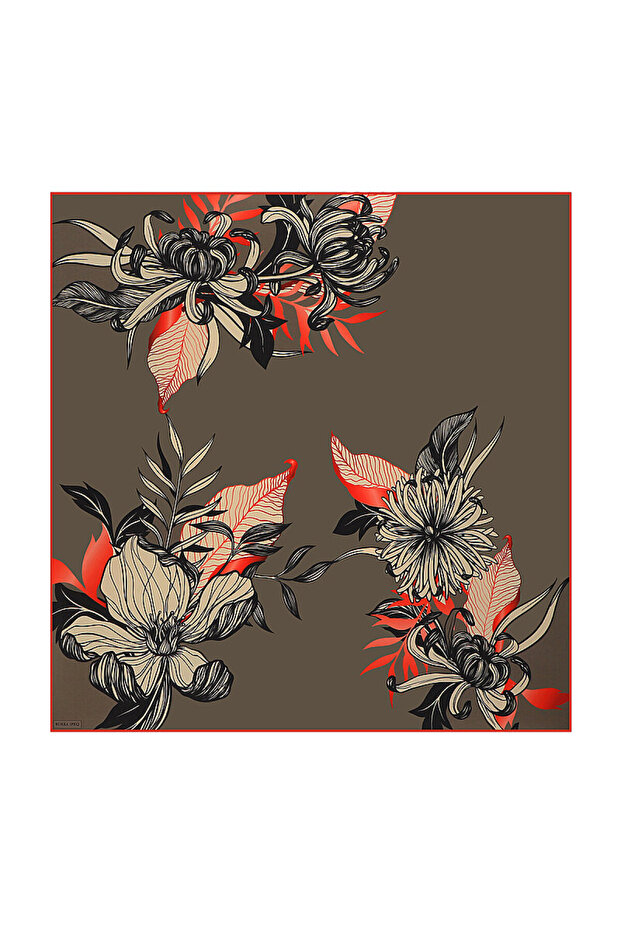 Khaki Cagla Pattern Twill Silk Scarf