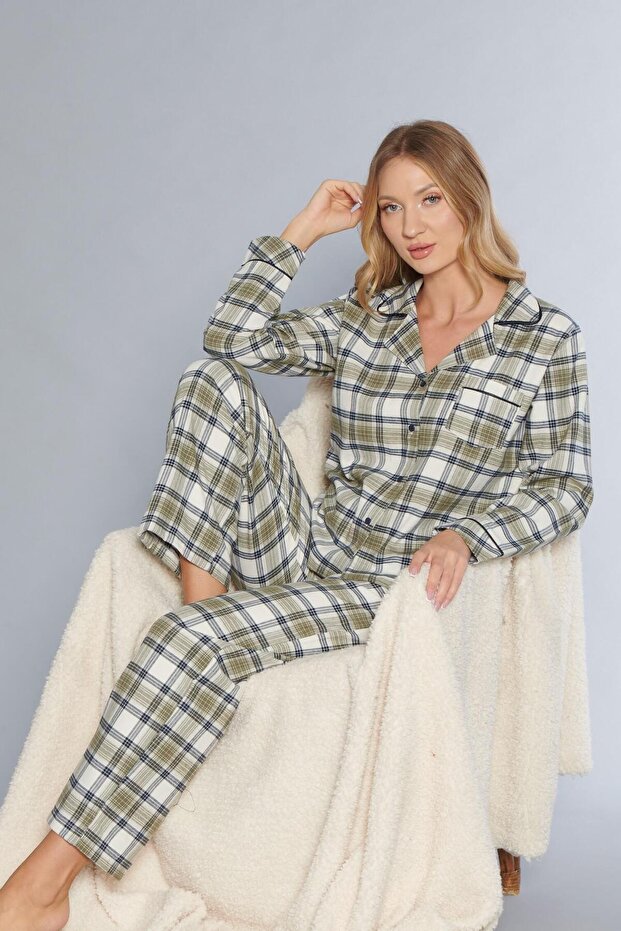 Boydan Buttoned Plaid Thick Woven Fabric Long Sleeved Shirt Homewear Pajama Set 09-264