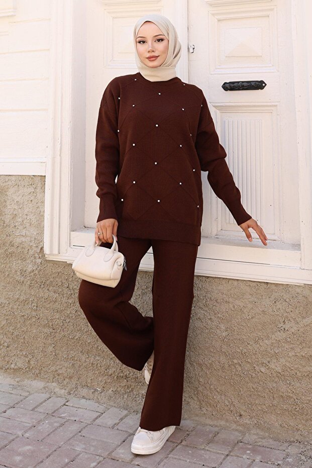 Stone Detailed Knitwear Set Brown 6148
