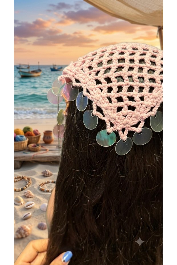 Children's Crochet Bandana with Heart Pattern and Sequins, Pink, Hand Knitted