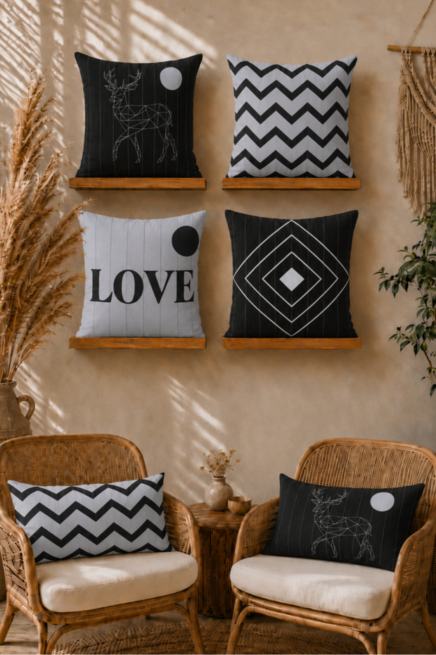 Modern Black Gray 6-Piece Double Sided Printed Rectangular 30x50 and 43x43 Square Throw Pillow Cover Set