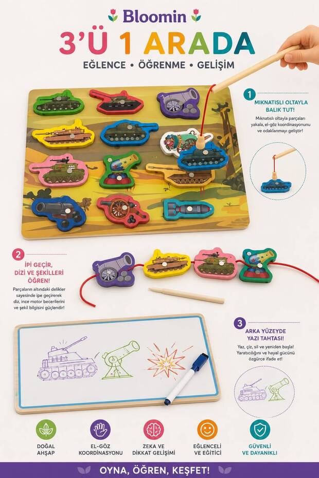 Fishing & Writing Board - Stringing Game Large Size (Pen Included) Erasable Writing Board Educational Wooden Children's Baby Toy