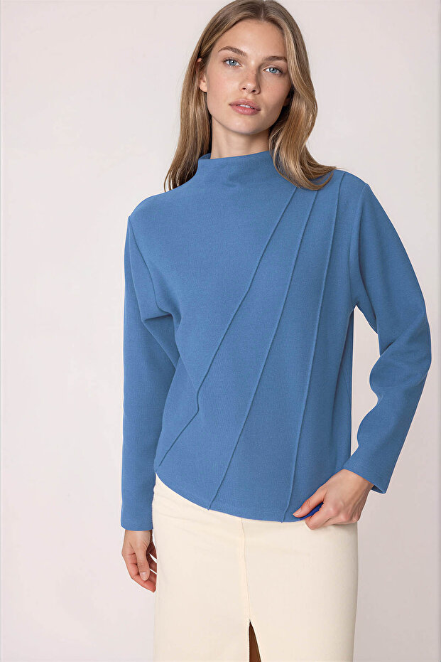 Stand Collar Front Stitched Back Zipper Blouse