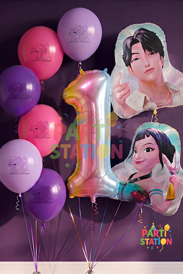 K-Pop Demon Hunters 1 Year Old Balloon Set Double Sided 9 Piece Party Set