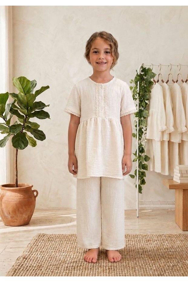 Girl's Muslin Hijab Tunic Pants Set with Lace Detail