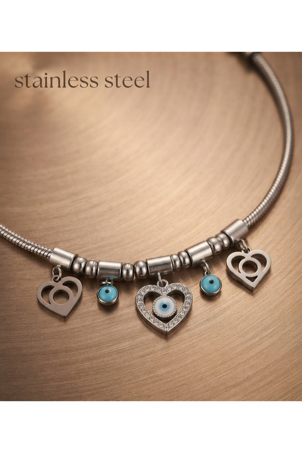 transparent colored chain heart/blue bead motif steel bracelet