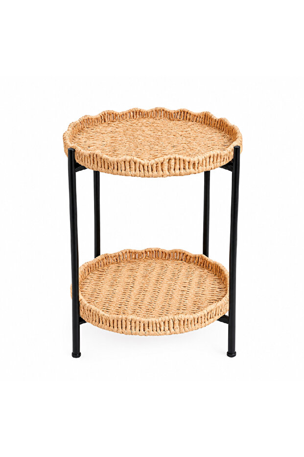 Round wicker side table with gold metal base - 2
