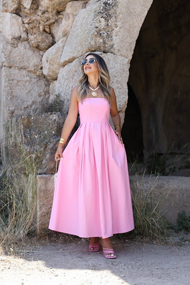 Pink Strapless Pleated Dress