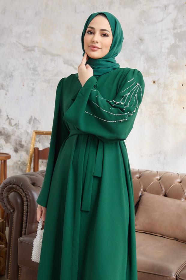 Rona Sleeves Patterned Abaya - Emerald - 5