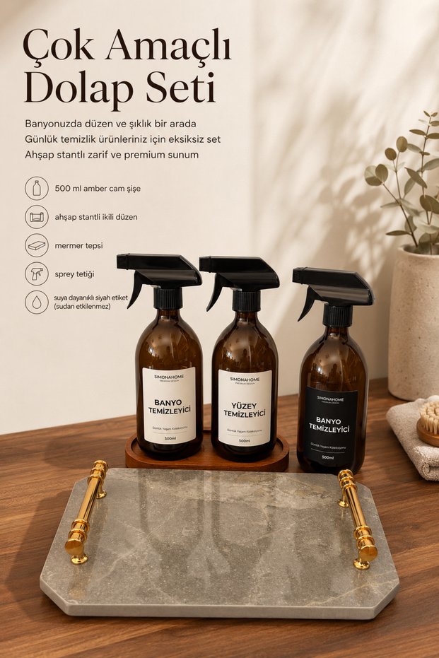 Multi-Purpose Cabinet Set with Wooden Stand Bathroom Set Marble Tray Black Bathroom Cleaner Bottle