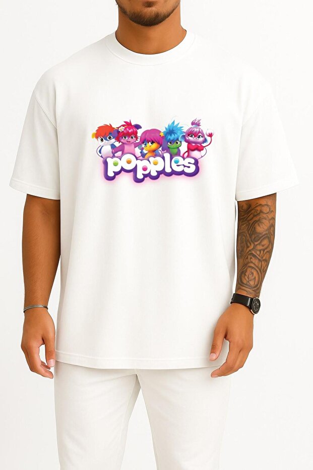 قصة فضفاضة تي شيرت بتصميم صدر من نوع Popples للجنسين