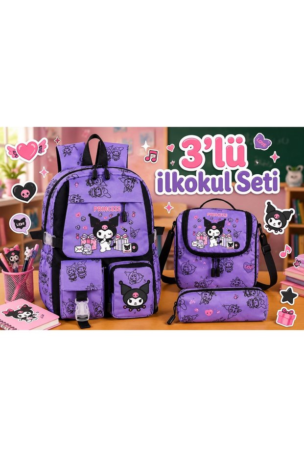 Korean Kawai Lilac Cover Kuromi Themed Girls' Primary School Bag Thermal Lunch Bag and Pencil Case
