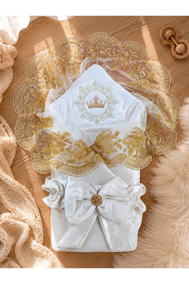 Ecru Velvet Baby Girl Blanket with Lace Swaddle, Hospital Release Newborn Gift, Made from 100% Natural Cotton